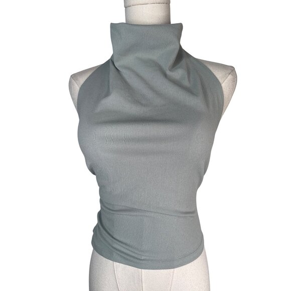 2/$30 ZARA Small Light Sage Green Sleeveless High Neck Top Halter Ruched - Picture 1 of 12